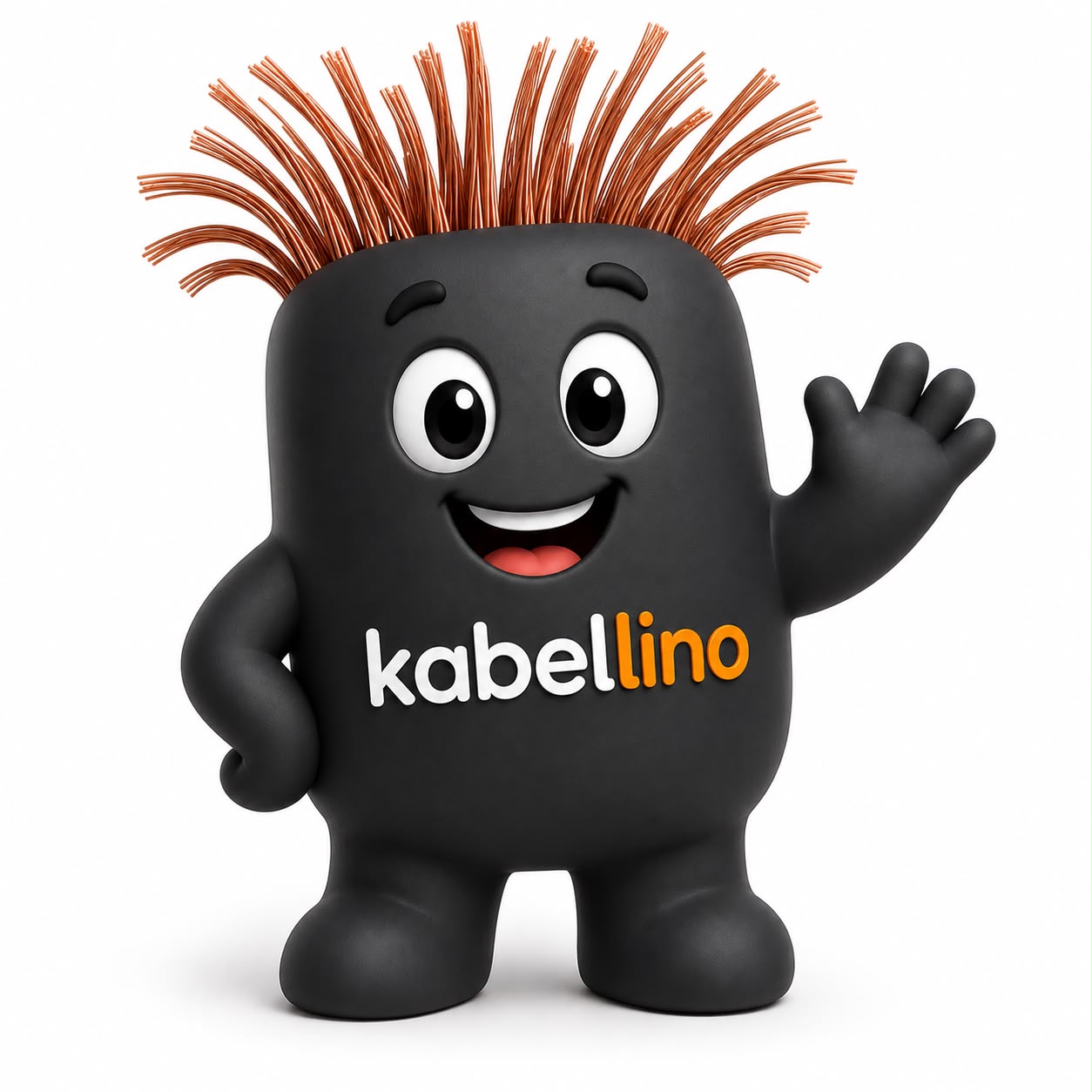 Kabellino, unser fröhliches schwarzes Kabel-Maskottchen mit kupferfarbenen Haaren, winkt dir zu.